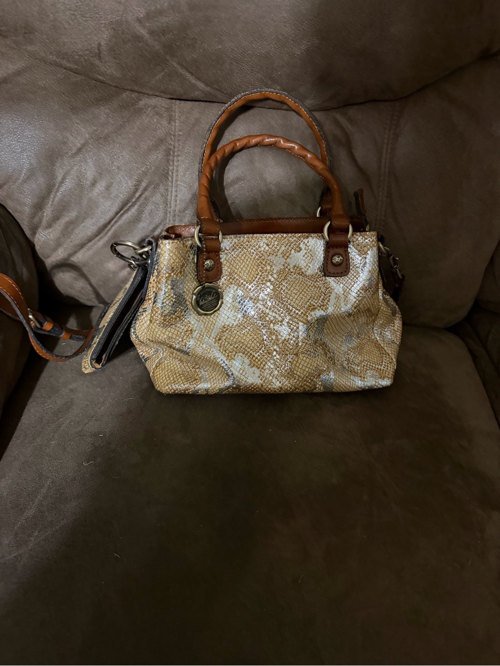 Patricia Nash Norcia Tan and Brown Snake-Print Shoulder Satchel